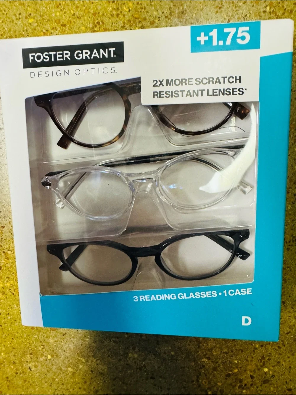 Foster Grant Design Optics 3-pack of reading glasses, +1.75 magnification.